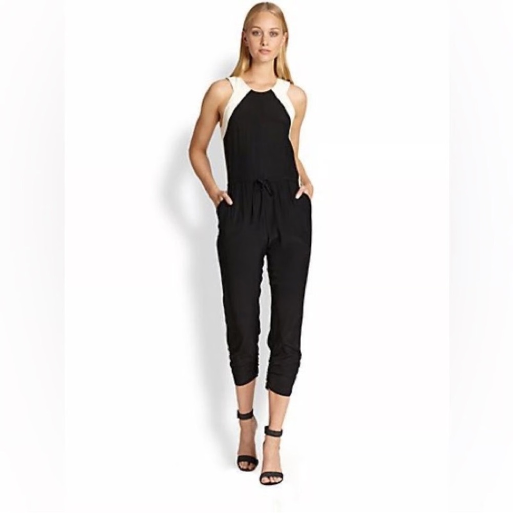New Infamous Parker Black and White Silk Tuxedo Jumpsuit (L)